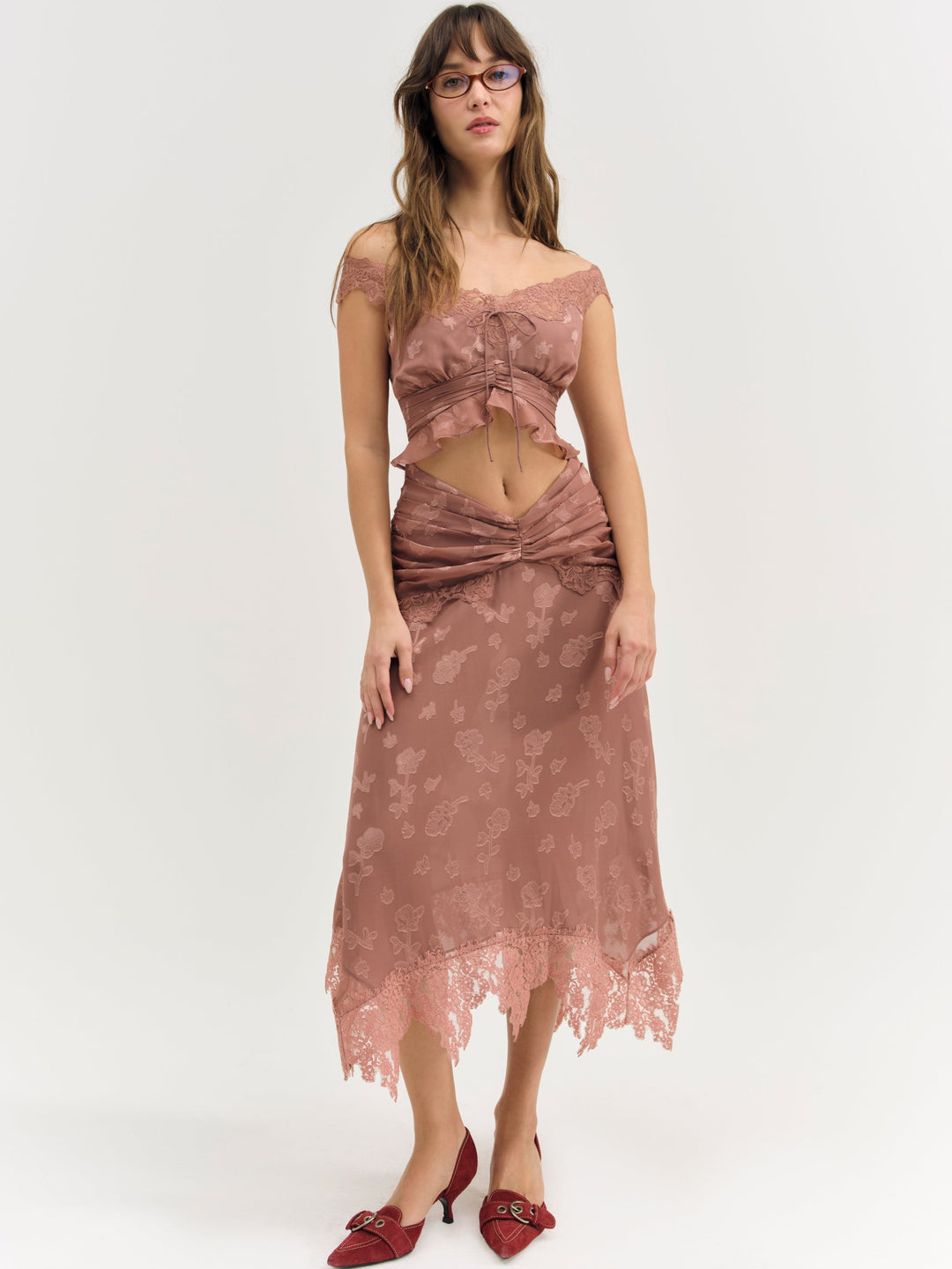 Colette Satin Burnout Midi Skirt - Mahogany | For Love and Lemons