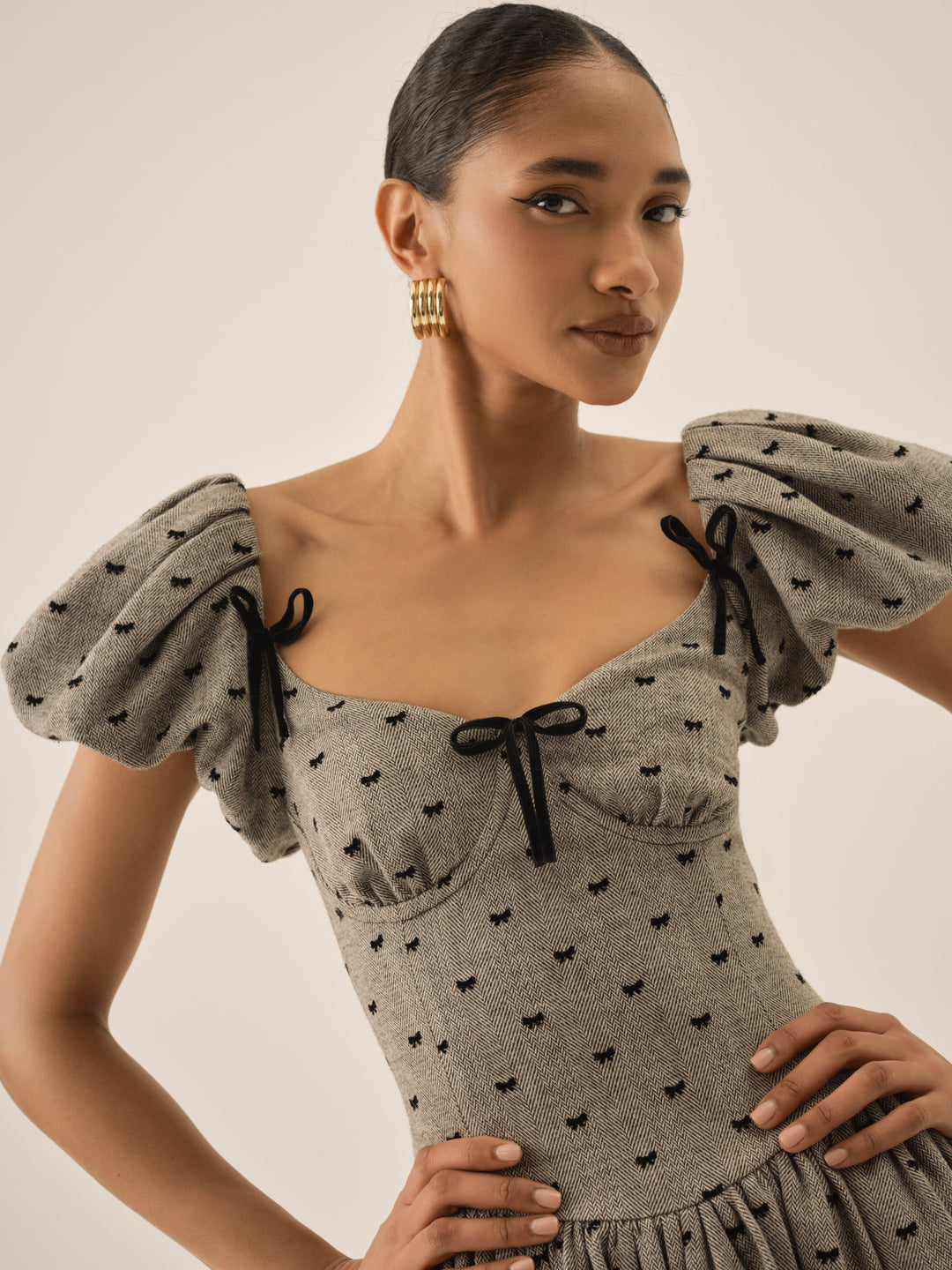 Twill Bow Mini Dress - Grey | For Love and Lemons