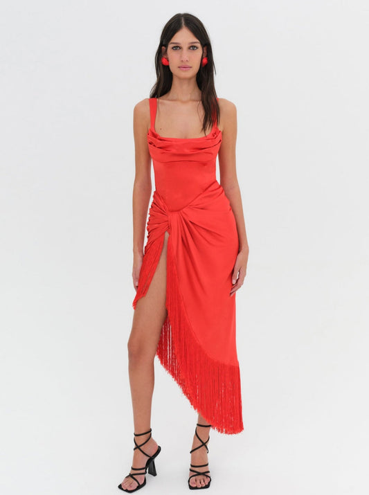 Anisa Fringe Midi Dress - Red | For Love and Lemons