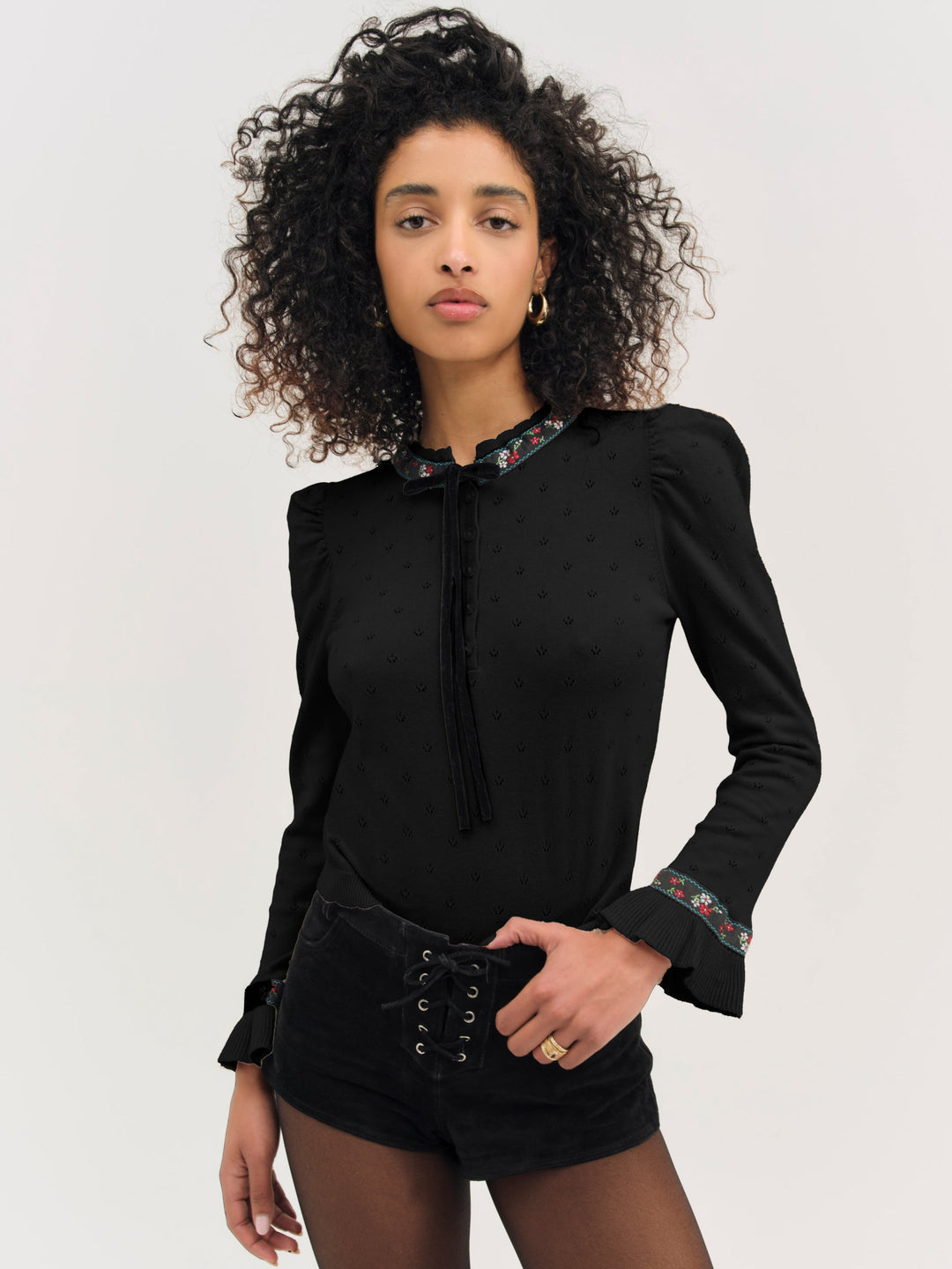 Naomi Knit Long Sleeve Top - Black | For Love and Lemons
