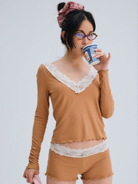 Eisley Ribbed Knit Top - Brown | For Love and Lemons