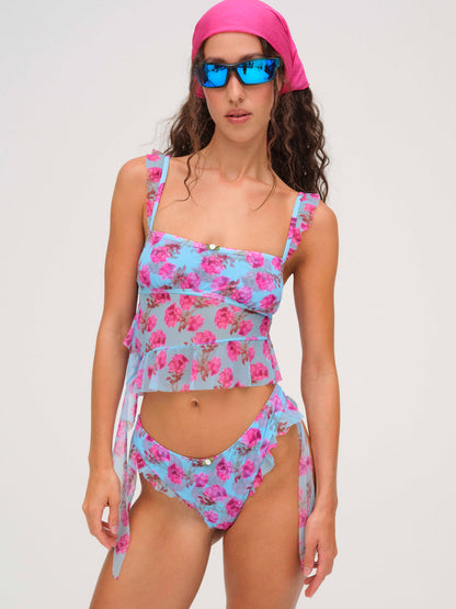 Floral Stems Ruffle Bikini Bottom - Blue | For Love and Lemons