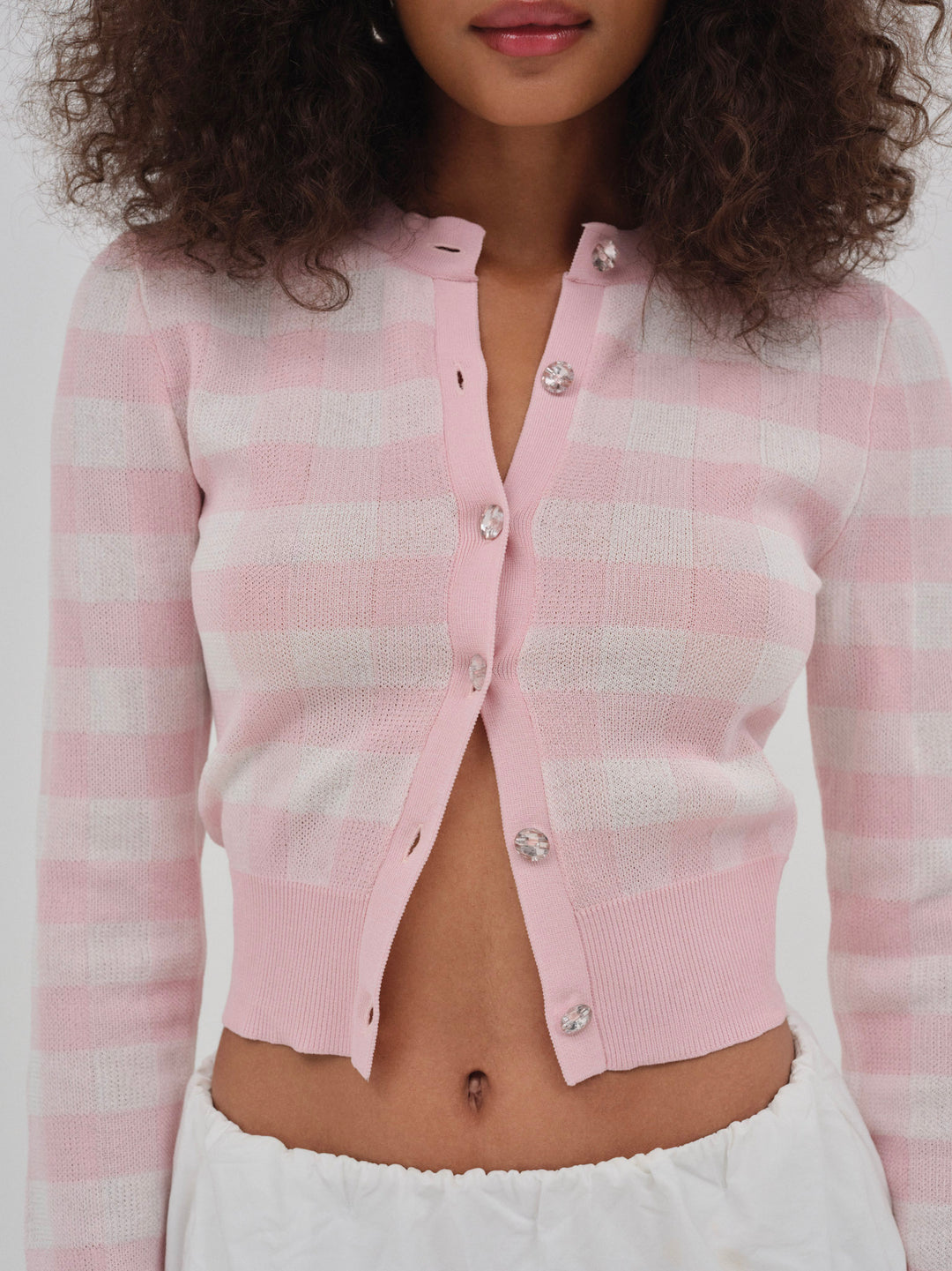 Brushed Gingham Knit Cardigan - Pink | For Love and Lemons
