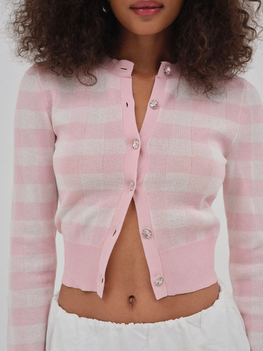 Brushed Gingham Knit Cardigan - Pink | For Love and Lemons