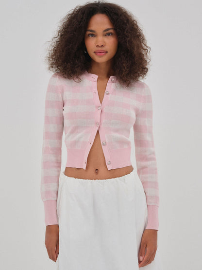 Brushed Gingham Knit Cardigan - Pink | For Love and Lemons