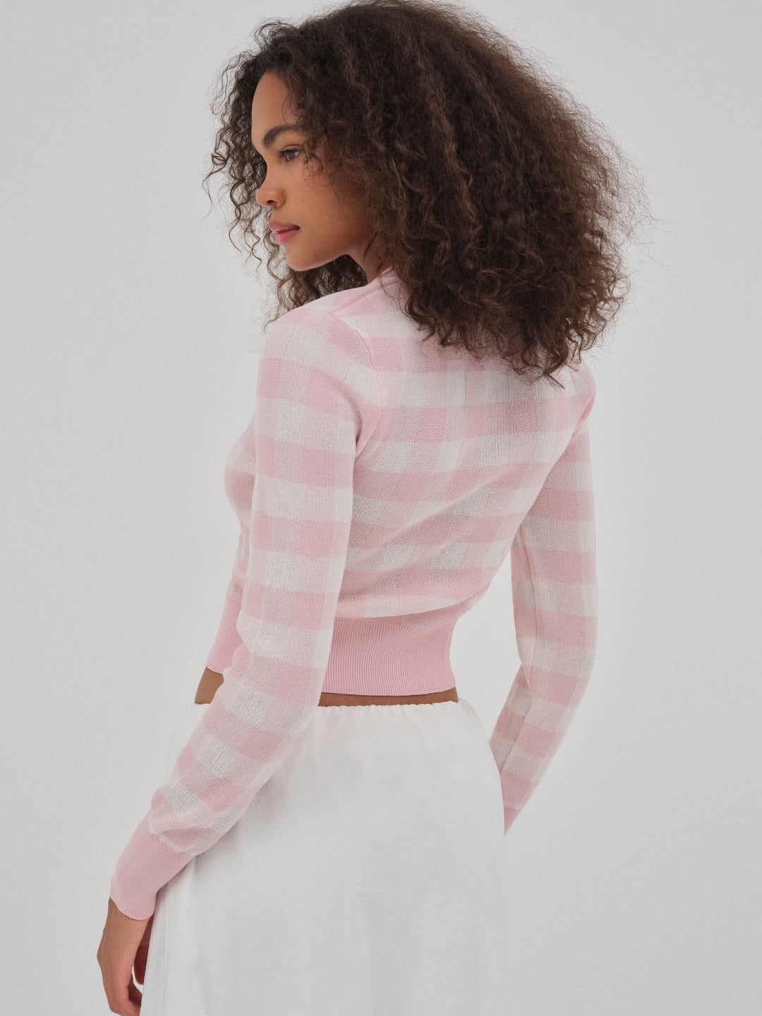 Brushed Gingham Knit Cardigan - Pink | For Love and Lemons