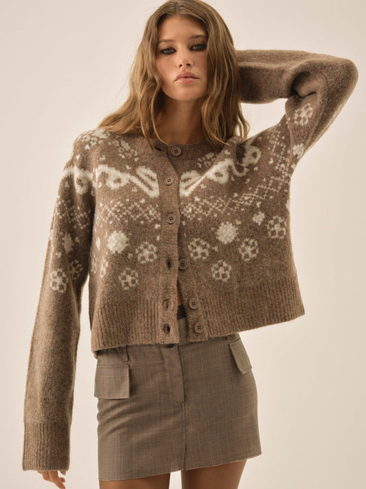Arabella Intarsia Crewneck  Cardigan - Brown | For Love and Lemons