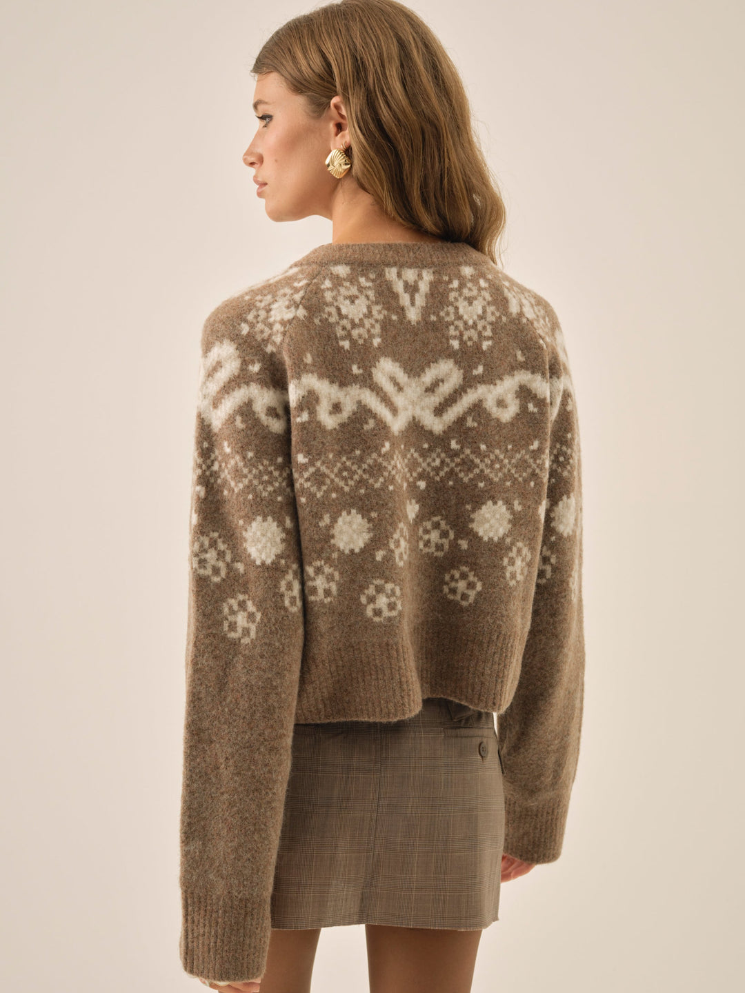 Arabella Intarsia Crewneck  Cardigan - Brown | For Love and Lemons