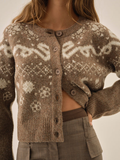 Arabella Intarsia Crewneck  Cardigan - Brown | For Love and Lemons