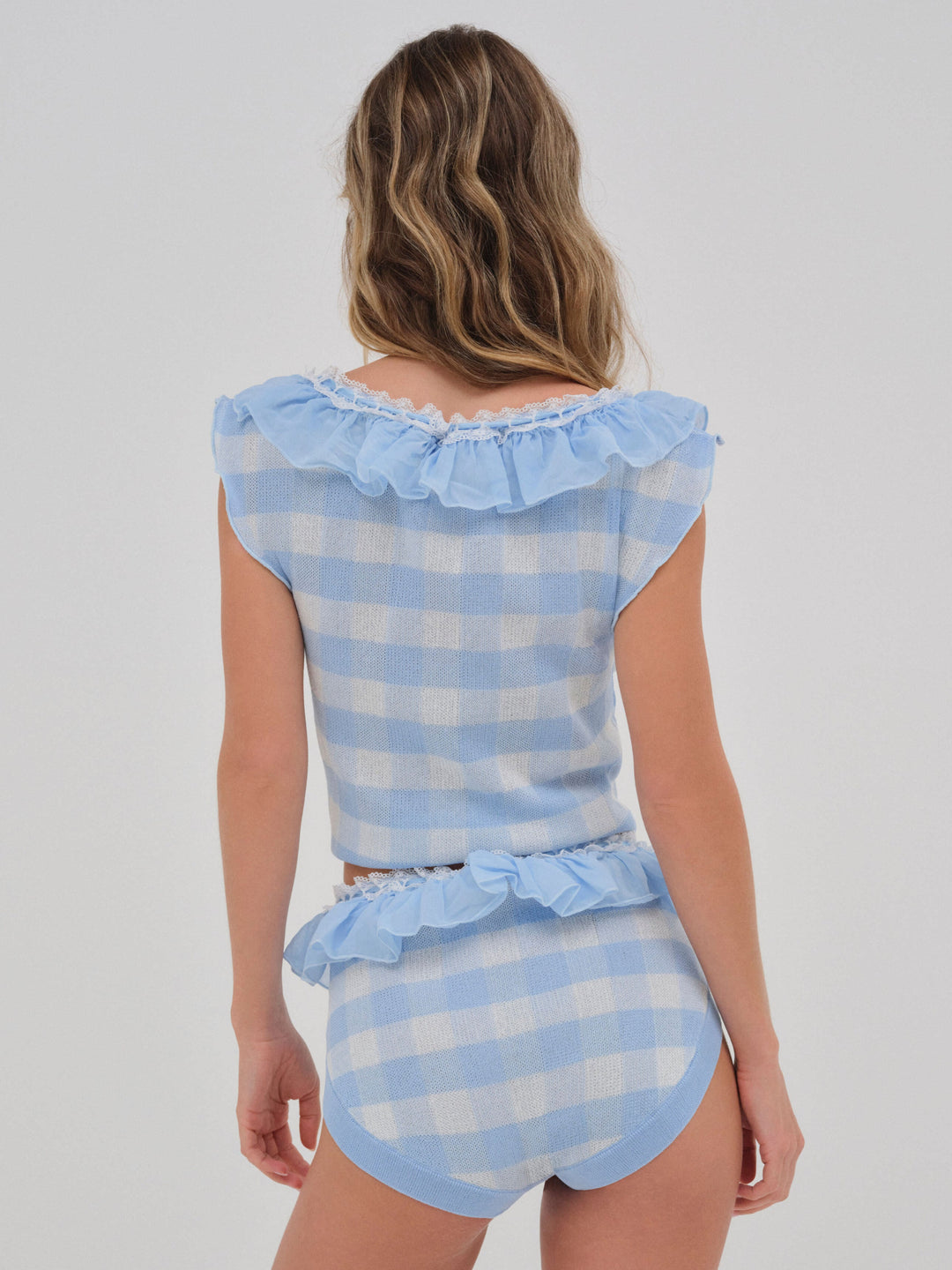Brushed Gingham Knit Top - Blue | For Love and Lemons