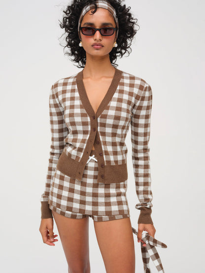 Gingham Knit Cardigan - Brown | For Love and Lemons