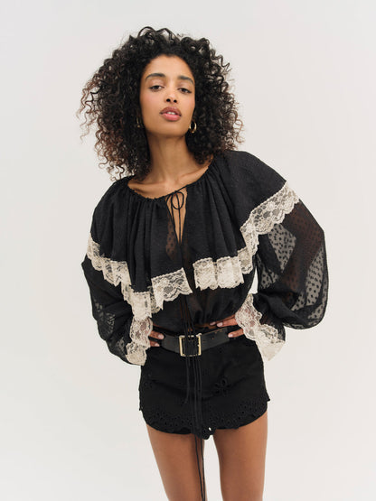 Daisy Eyelet Denim Skort - Black | For Love and Lemons