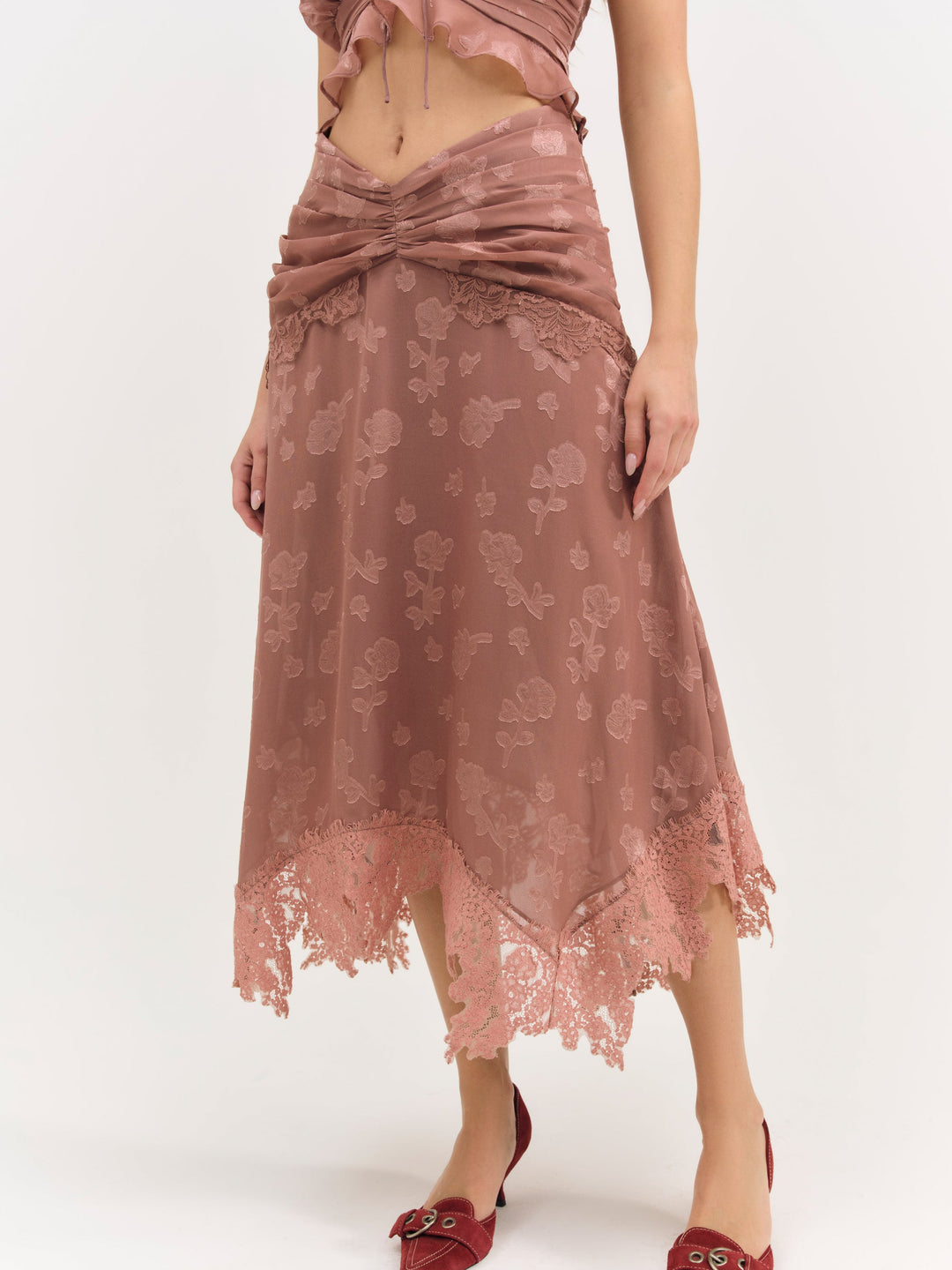 Colette Satin Burnout Midi Skirt - Mahogany | For Love and Lemons