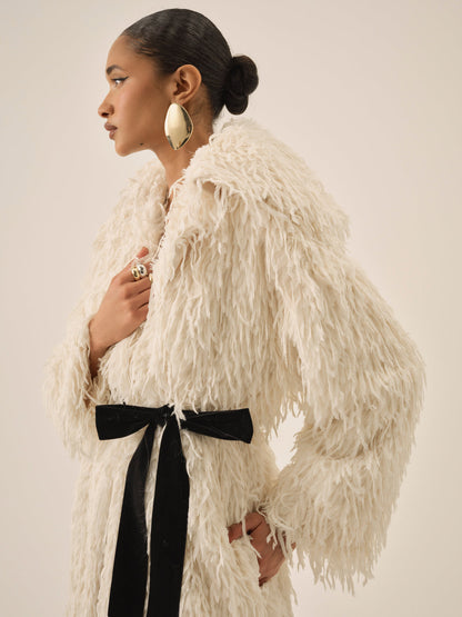 Ruffle Faux Feather Coat - Cream | For Love and Lemons