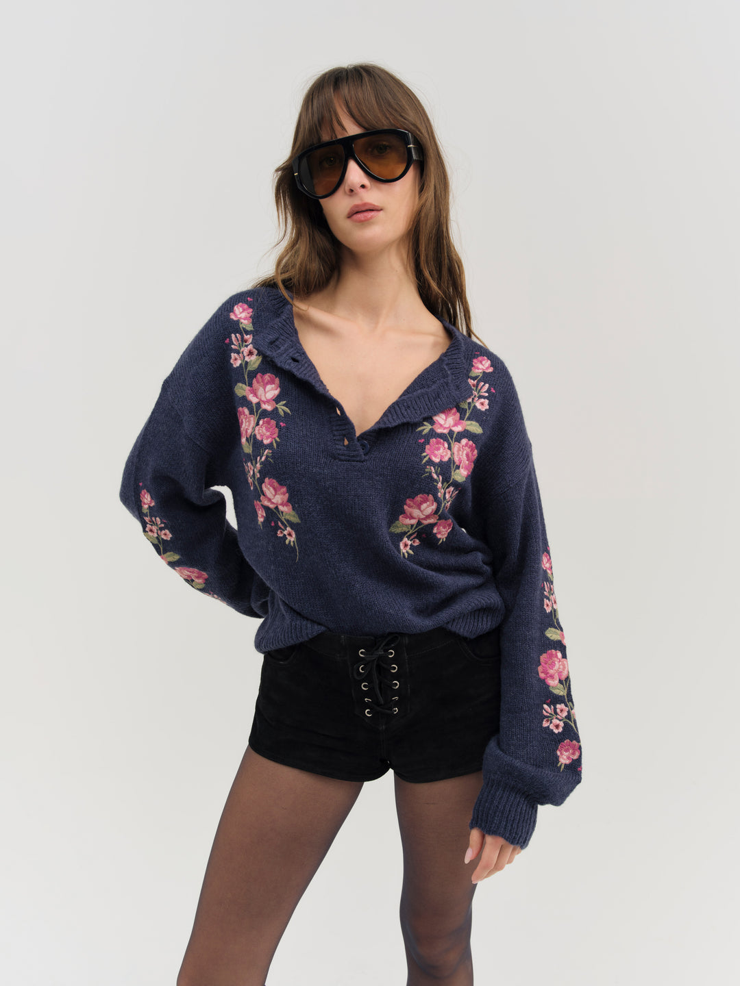 Molly Embroidered Pullover Sweater - Navy | For Love and Lemons