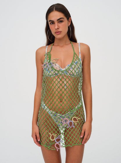 Tulip Grid Rhinestone Dress - Green | For Love and Lemons