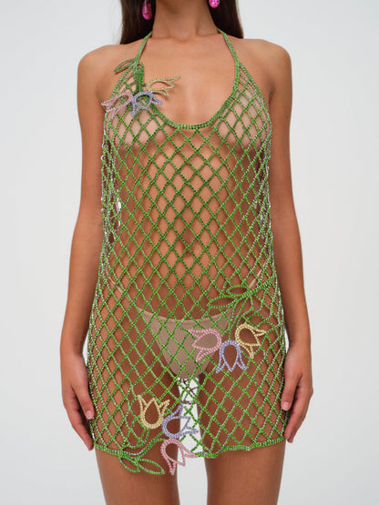 Tulip Grid Rhinestone Dress - Green | For Love and Lemons
