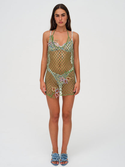 Tulip Grid Rhinestone Dress - Green | For Love and Lemons