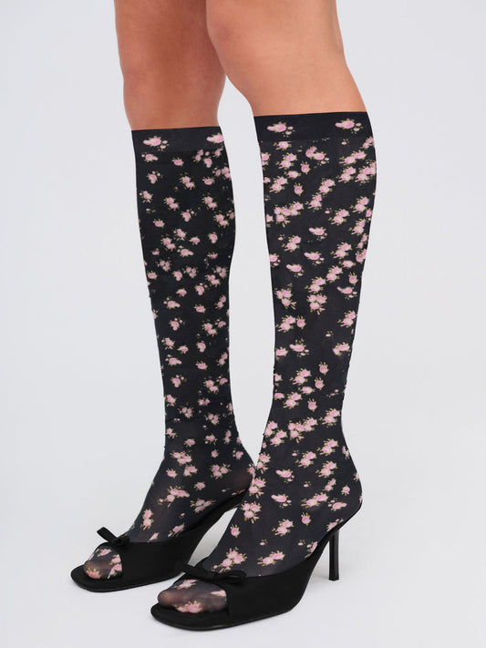 Floral Knee-High Socks - Black | For Love and Lemons