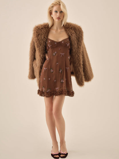 Beaded Garden Bow Mini Dress - Brown | For Love and Lemons
