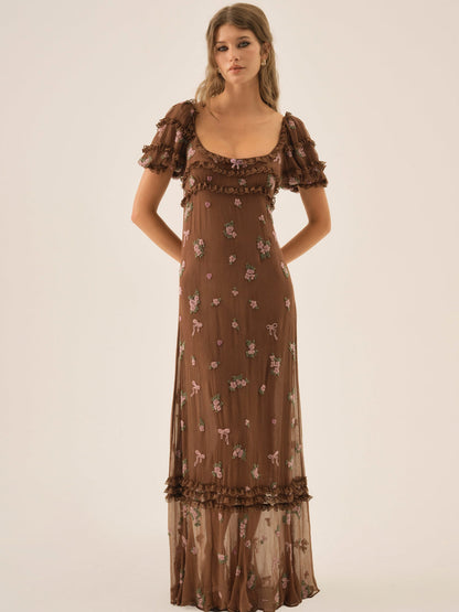 Beaded Garden Bow Maxi Dress - Brown | For Love and Lemons