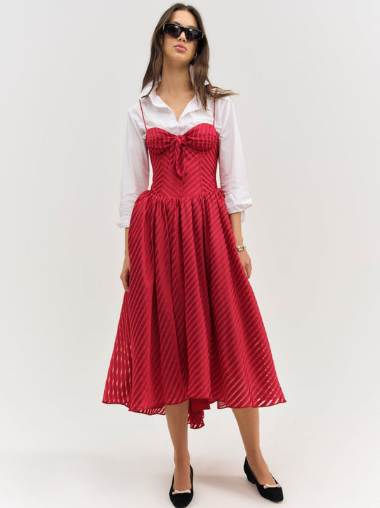 Satin Burnout Stripe Midi Dress - Red | For Love and Lemons