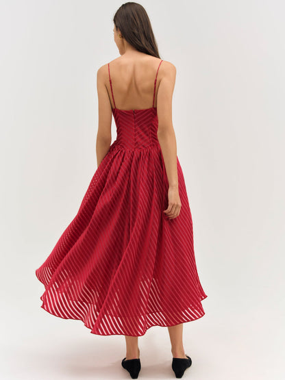 Satin Burnout Stripe Midi Dress - Red | For Love and Lemons