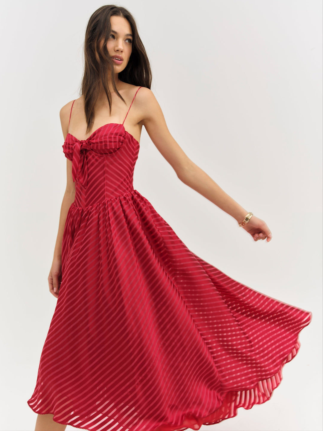 Satin Burnout Stripe Midi Dress - Red | For Love and Lemons