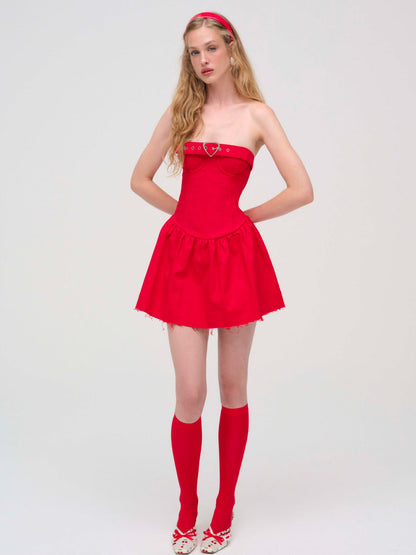 Lipstick Denim Mini Dress - Red | For Love and Lemons