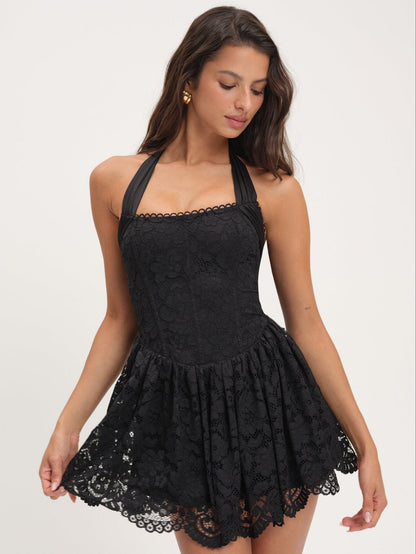 Lakeside Lace Halter Mini Dress - Black | For Love and Lemons