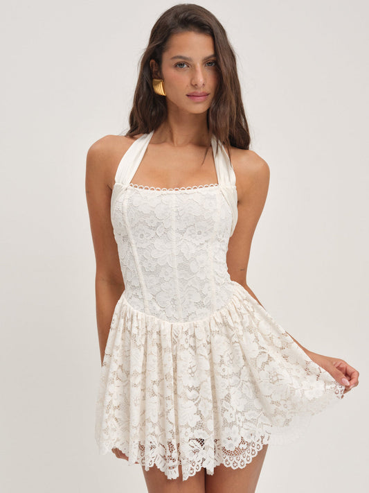 Lakeside Lace Halter Mini Dress - Cream | For Love and Lemons