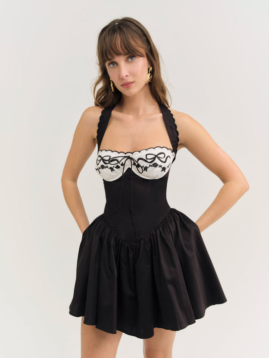 Tea Time Poplin Bustier Mini Dress - Black | For Love and Lemons