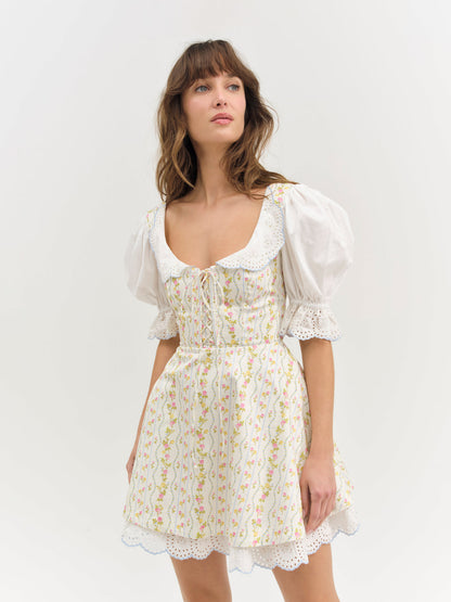 Brigitta Floral Short Sleeve Mini Dress - Ivory | For Love and Lemons