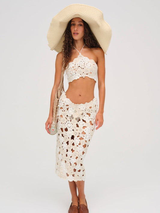 Floral Crochet Coverup Midi Skirt - White | For Love and Lemons