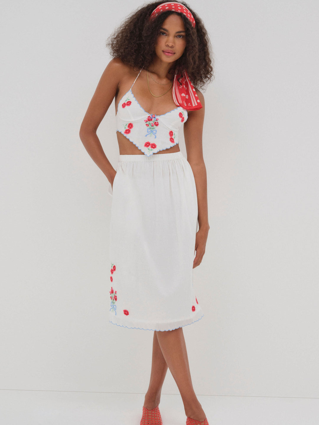 Forget Me Not Embroidery Midi Skirt - White | For Love and Lemons