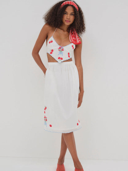 Forget Me Not Embroidery Midi Skirt - White | For Love and Lemons