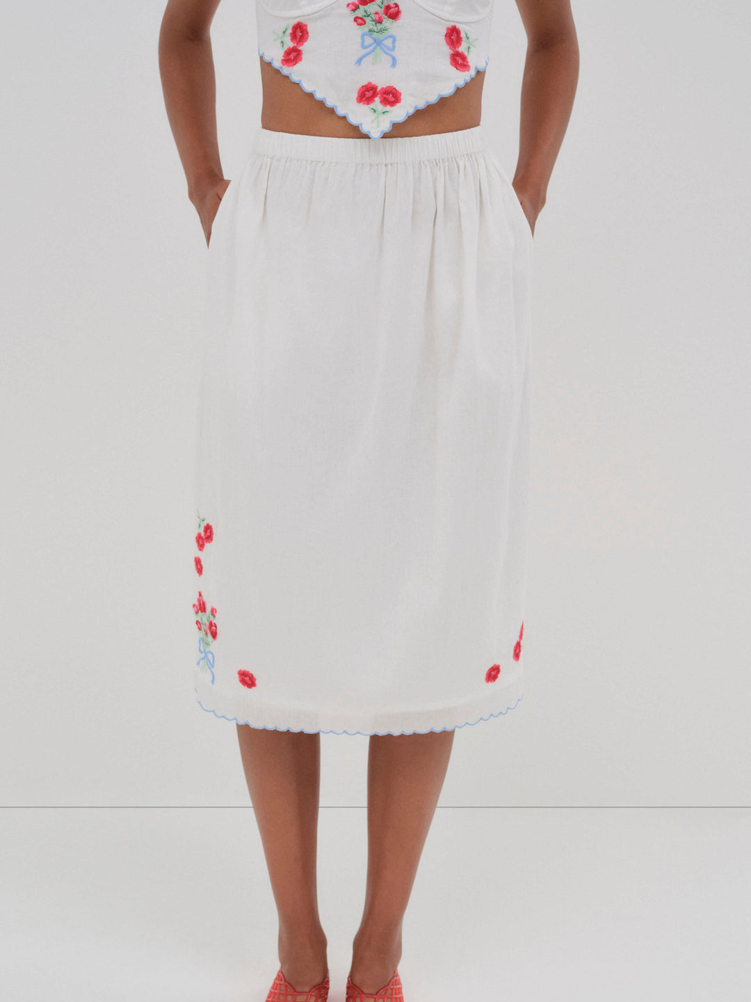 Forget Me Not Embroidery Midi Skirt - White | For Love and Lemons