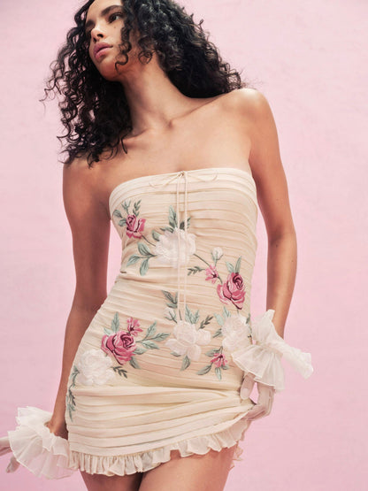 Climbing Rose Embroidered Mini Dress - Vintage Cream | For Love and Lemons