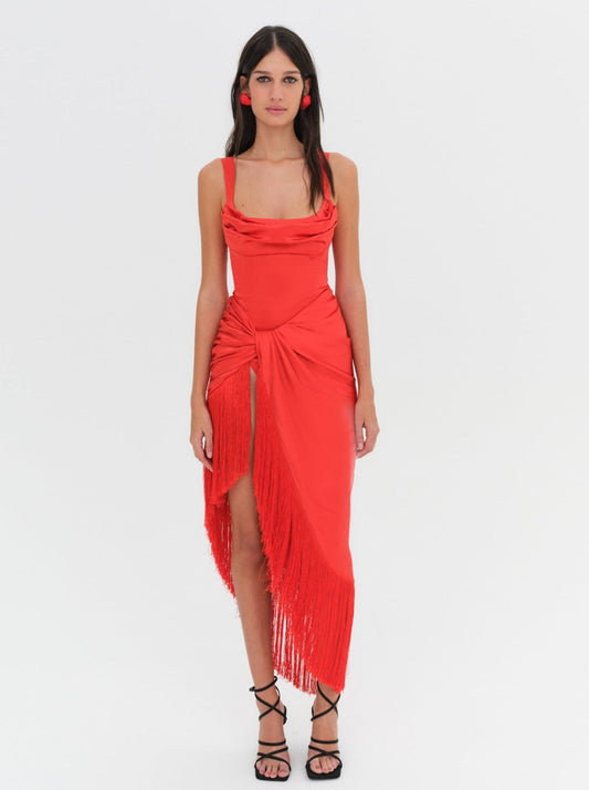 Anisa Fringe Midi Dress - Red | For Love and Lemons