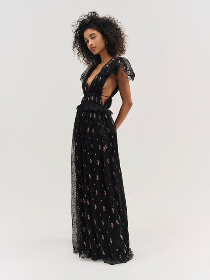 Poppy Pleated Lace Maxi Dress - Black | For Love and Lemons