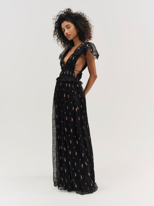Poppy Pleated Lace Maxi Dress - Black | For Love and Lemons