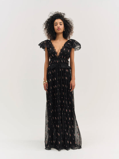 Poppy Pleated Lace Maxi Dress - Black | For Love and Lemons