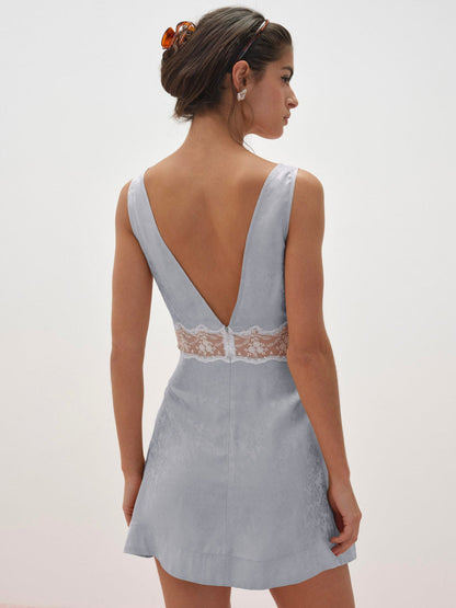 Bluebird Jacquard Mini Slip Dress - Dusty Blue | For Love and Lemons