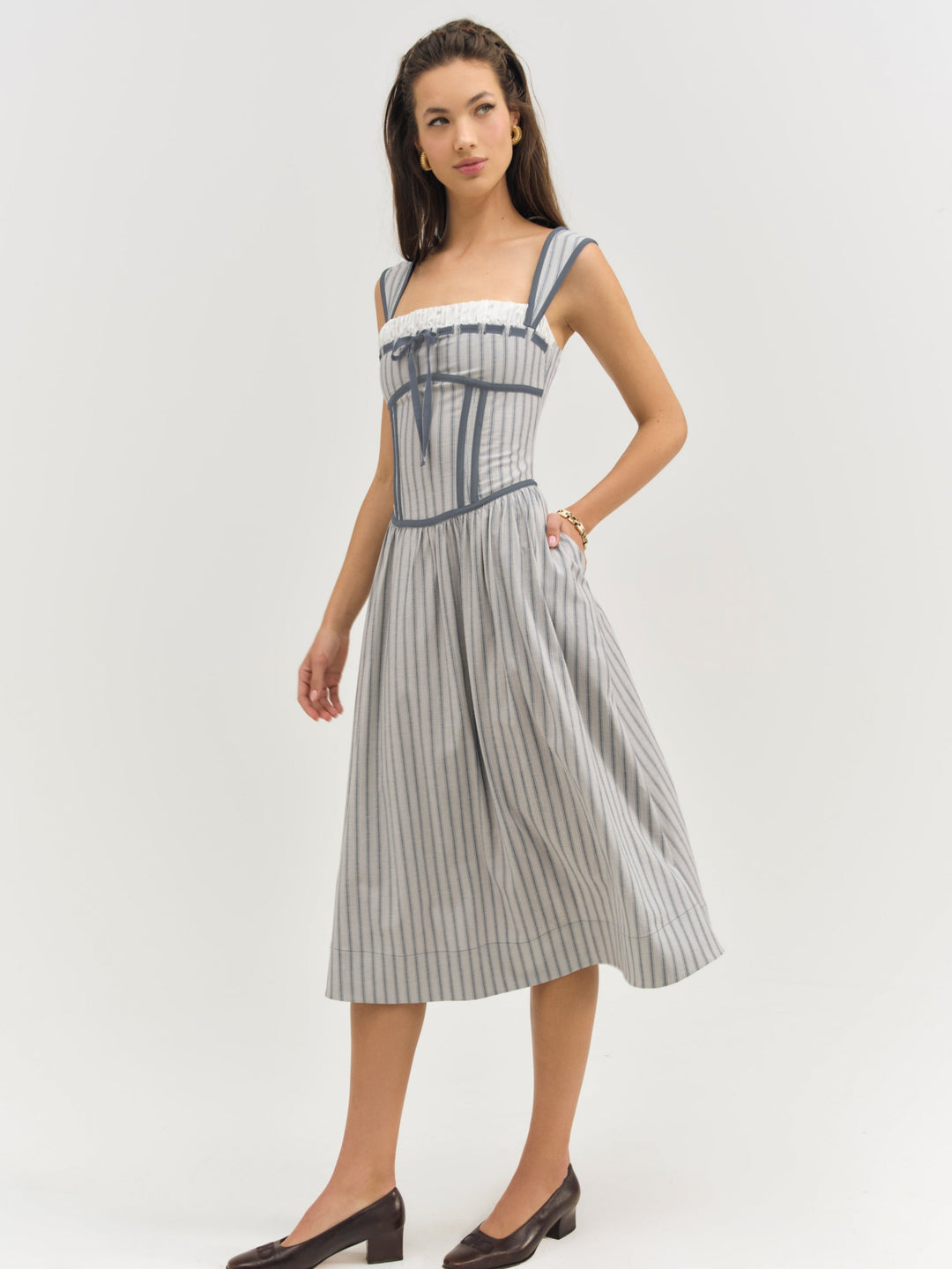 Linen Stripe Midi Dress - Blue | For Love and Lemons