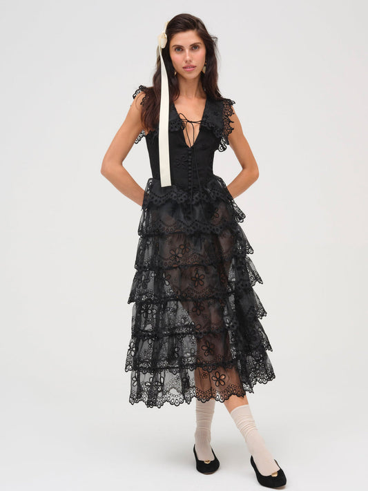 Daisy Eyelet Midi Dress - Black | For Love and Lemons