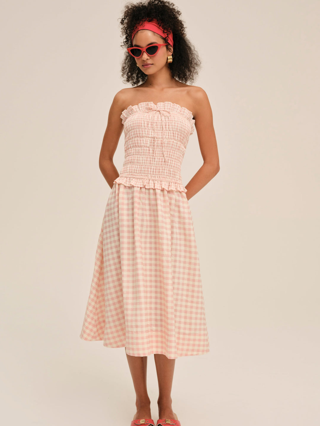 Petal Gingham Midi Dress - Peach | For Love and Lemons