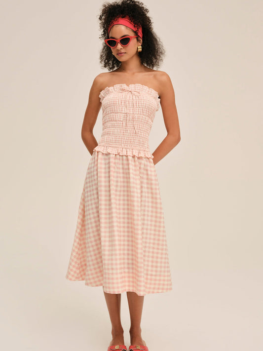 Petal Gingham Midi Dress - Peach | For Love and Lemons