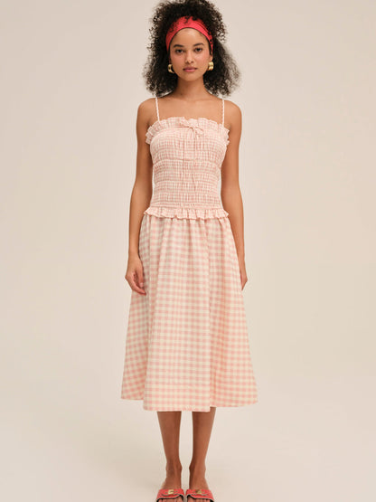 Petal Gingham Midi Dress - Peach | For Love and Lemons